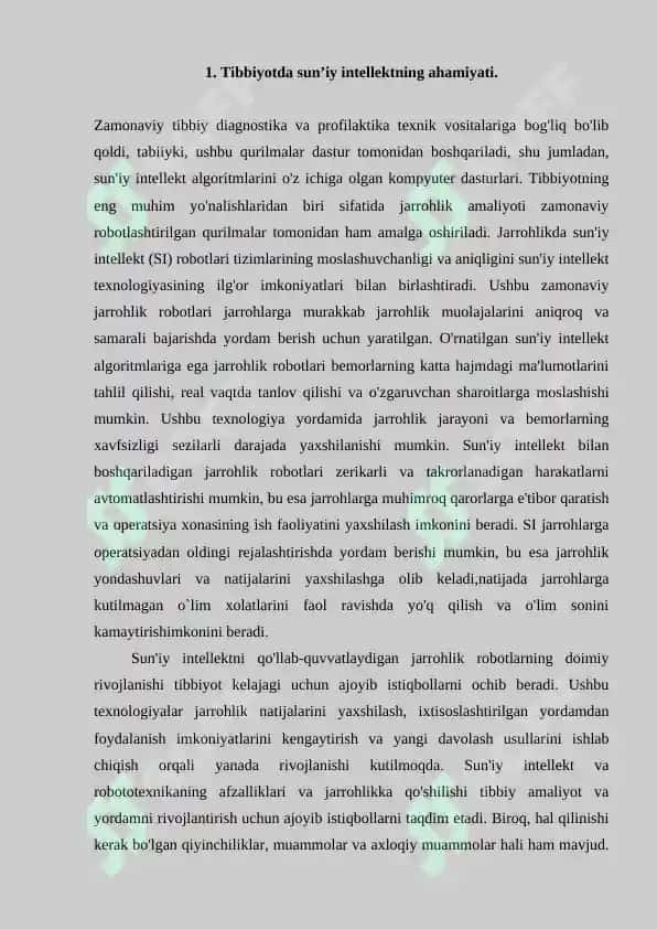 Zamonaviy jarrohlikda sunʼiy intellekt (SI) va robototexnika. Referat 11 bet. 2