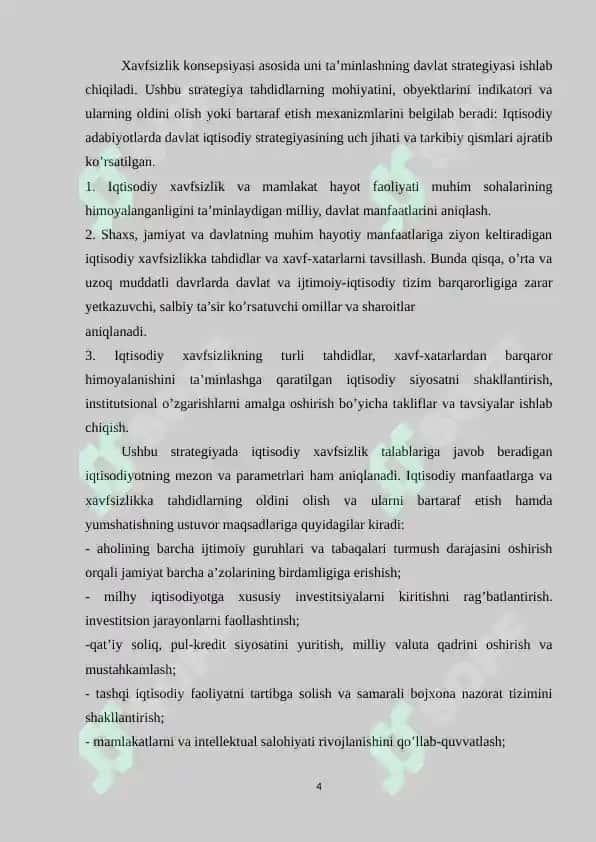 O’ZBEKISTON RESPUBLIKASI MILLIY XAVFSIZLIGINI TA’MINLASHNING IQTISODIY SOHADAGI ASOSIY YO’NALISHLARI 4