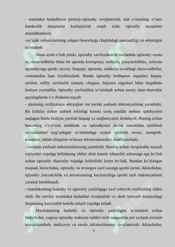 O’ZBEKISTON RESPUBLIKASI MILLIY XAVFSIZLIGINI TA’MINLASHNING IQTISODIY SOHADAGI ASOSIY YO’NALISHLARI 5