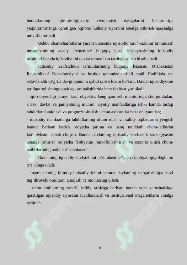 O’ZBEKISTON RESPUBLIKASI MILLIY XAVFSIZLIGINI TA’MINLASHNING IQTISODIY SOHADAGI ASOSIY YO’NALISHLARI 6