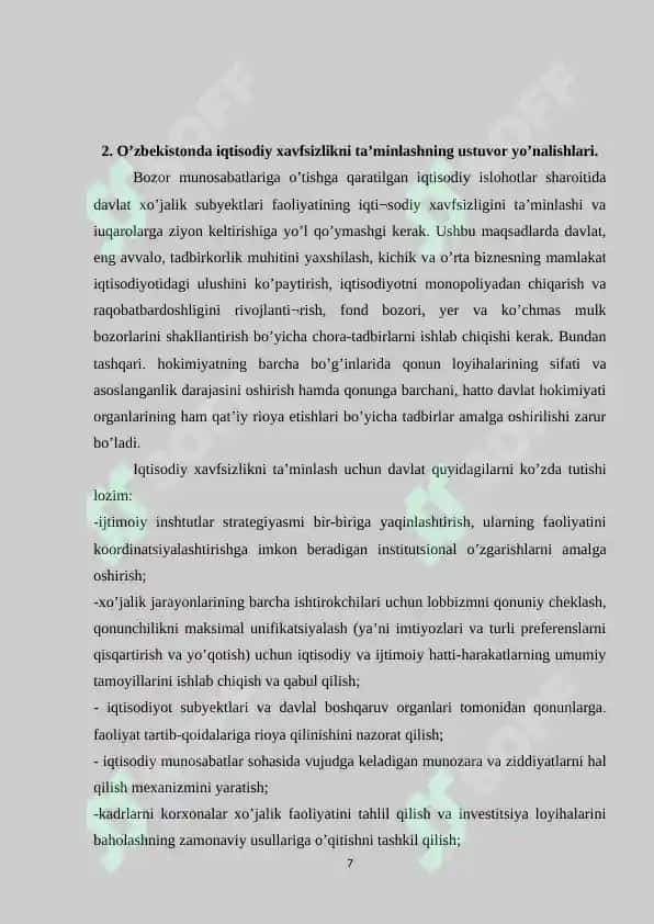 O’ZBEKISTON RESPUBLIKASI MILLIY XAVFSIZLIGINI TA’MINLASHNING IQTISODIY SOHADAGI ASOSIY YO’NALISHLARI 7