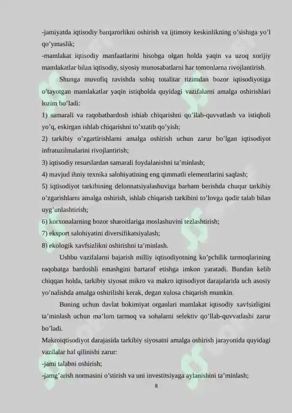 O’ZBEKISTON RESPUBLIKASI MILLIY XAVFSIZLIGINI TA’MINLASHNING IQTISODIY SOHADAGI ASOSIY YO’NALISHLARI 8