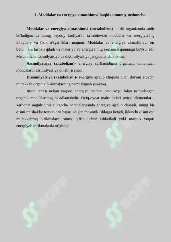 Metabolizm jarayonida energiya hosil bo'lishi va sarflanishi. Referat 7 bet. 2