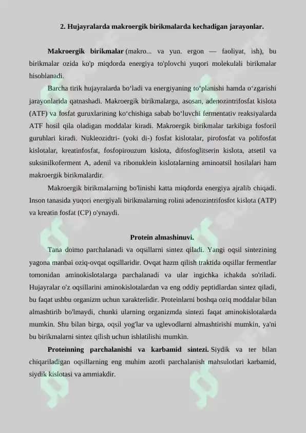Metabolizm jarayonida energiya hosil bo'lishi va sarflanishi. Referat 7 bet. 3