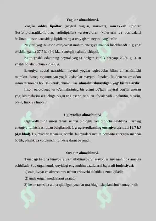 Metabolizm jarayonida energiya hosil bo'lishi va sarflanishi. Referat 7 bet. 4