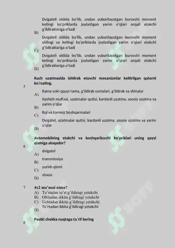 AVTOMOBIL TUZILISHI FANIDAN MAVZULASHTRIRILGAN TEST 2
