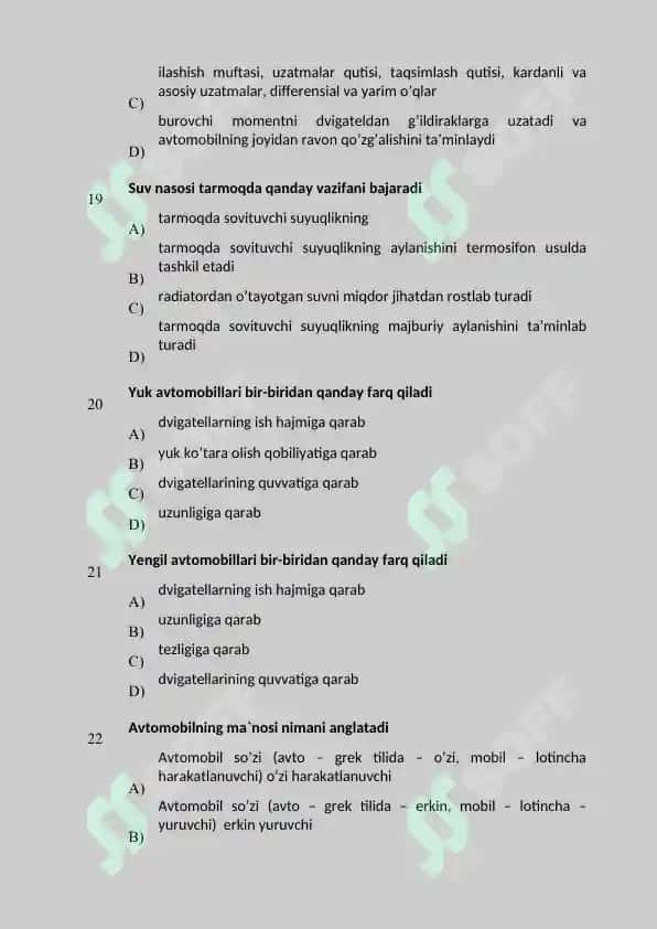 AVTOMOBIL TUZILISHI FANIDAN MAVZULASHTRIRILGAN TEST 6