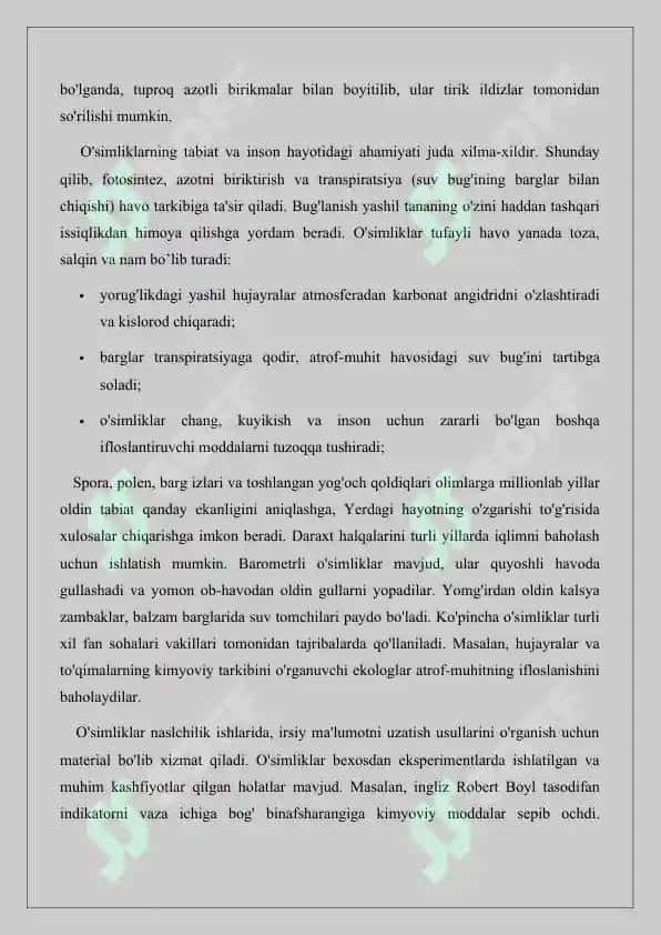 O`simliklarning inson va biosferadagi ahamiyati. Referat 16 bet. 6