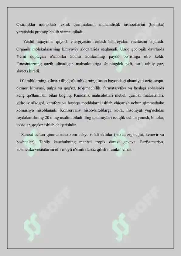 O`simliklarning inson va biosferadagi ahamiyati. Referat 16 bet. 7
