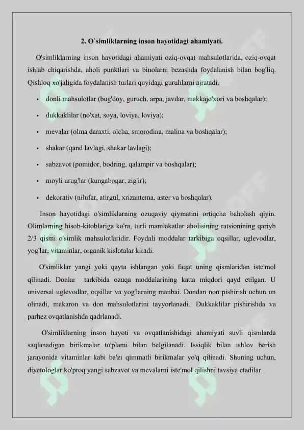 O`simliklarning inson va biosferadagi ahamiyati. Referat 16 bet. 8