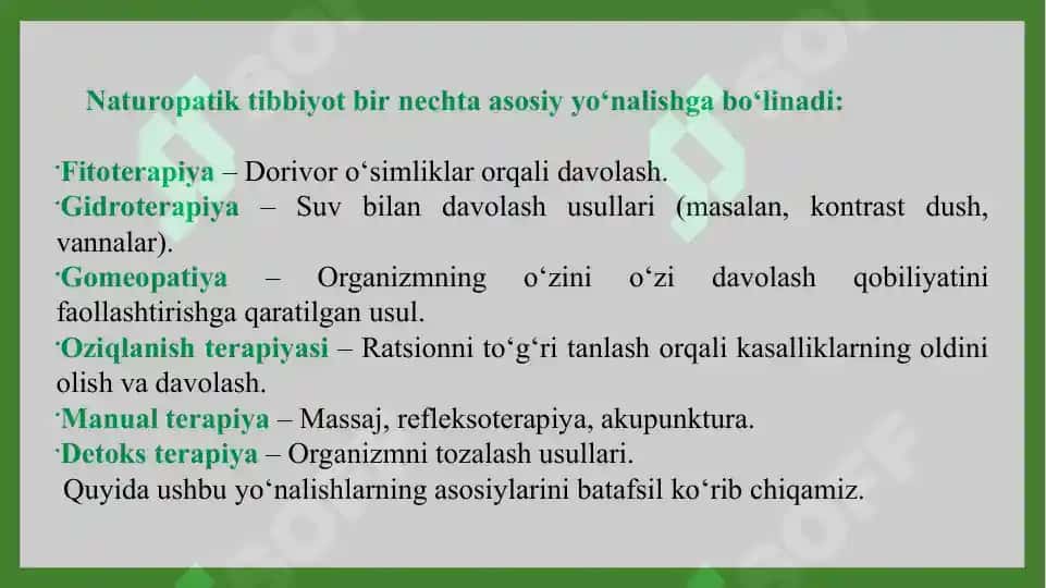 Naturopatik tibbiyotning asosiy yo‘nalishlari, tamoyillari va ularning amaliy qiymati. Taqdimot 30 bet 3