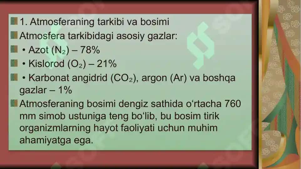 Atmosferaning tarkibi va bosimi. Qurg'oqchilik, namlik va uning biologik jarayonlarga tasiri 4