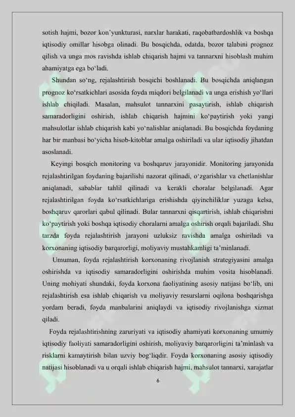 Dorixona sof foydasini rejalashtirish. Kurs ishi 30 bet. 6
