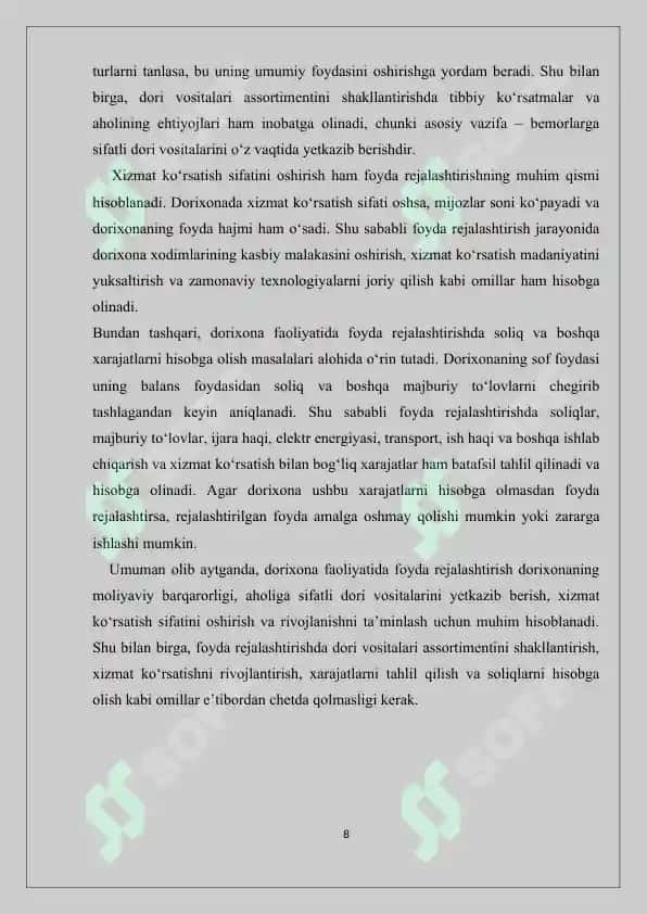 Dorixona sof foydasini rejalashtirish. Kurs ishi 30 bet. 8