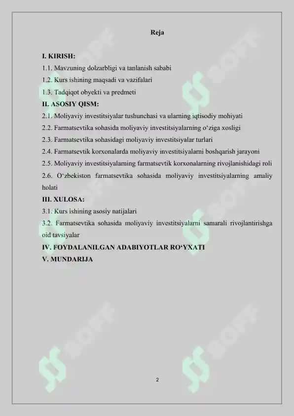 Moliyaviy investitsiyalar. Ularning turlari. Kurs ishi 30 bet. 2