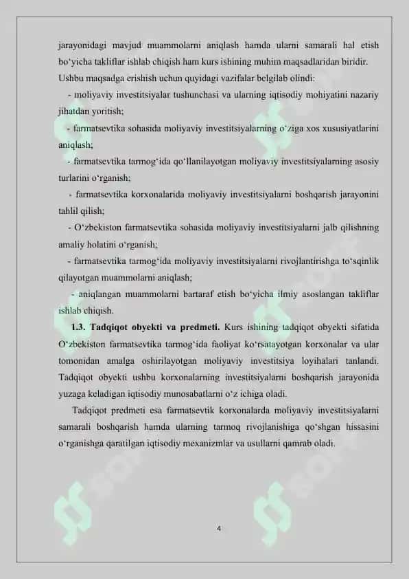 Moliyaviy investitsiyalar. Ularning turlari. Kurs ishi 30 bet. 4