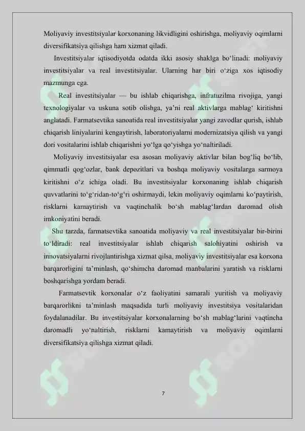 Moliyaviy investitsiyalar. Ularning turlari. Kurs ishi 30 bet. 7