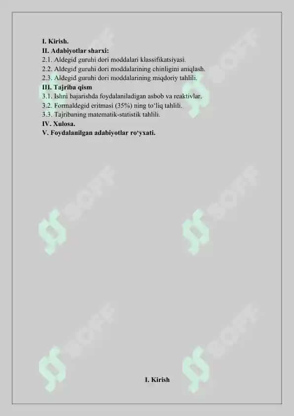Aldegid guruhi dori moddalari tahlili. Kurs ishi 30 bet. 2