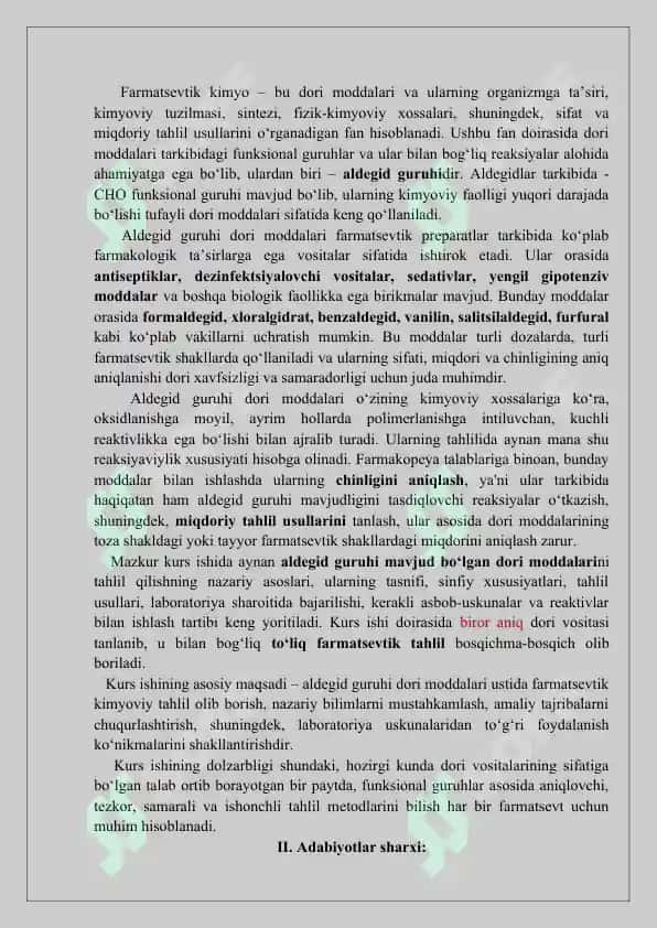 Aldegid guruhi dori moddalari tahlili. Kurs ishi 30 bet. 3
