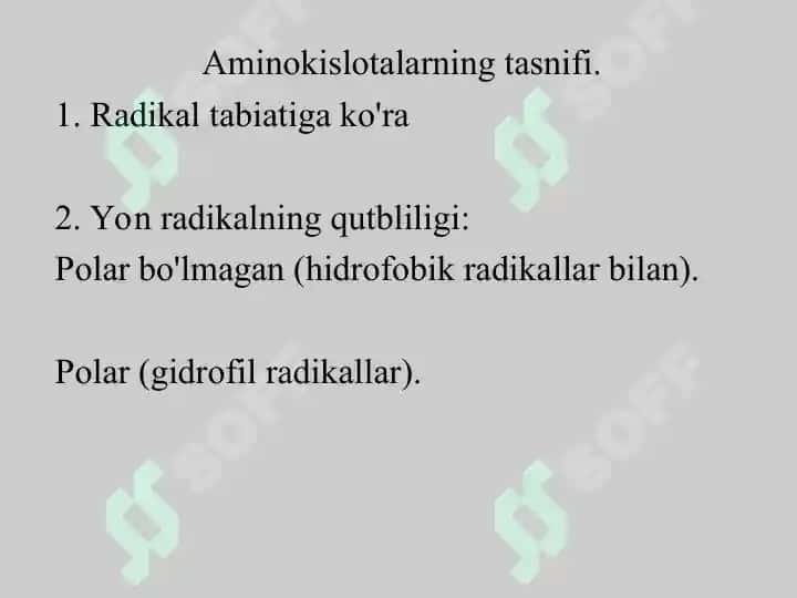 Aminokislotalar. Tuzilishi, xossalari va biologik vazifalari. Peptid va oqsillar. Oqsillarning fazoviy konformatsiyalari. Peptid va oqsillarning funksiyalari. Oqsillarning fizik-kimyoviy xossalari. 4