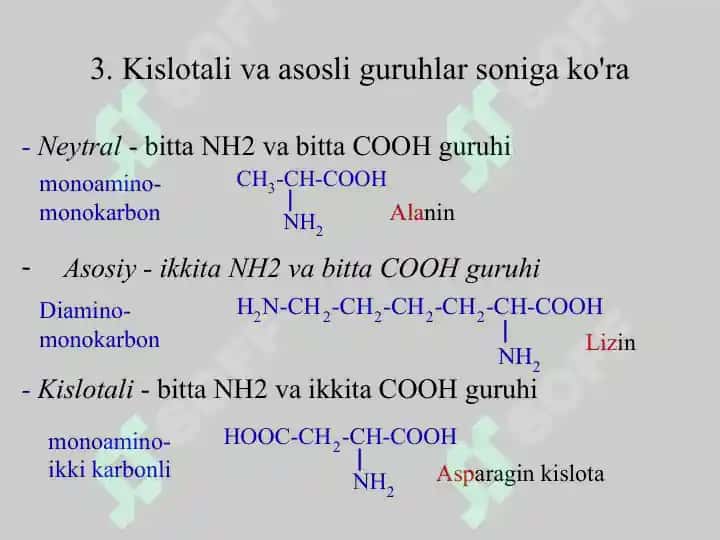 Aminokislotalar. Tuzilishi, xossalari va biologik vazifalari. Peptid va oqsillar. Oqsillarning fazoviy konformatsiyalari. Peptid va oqsillarning funksiyalari. Oqsillarning fizik-kimyoviy xossalari. 5