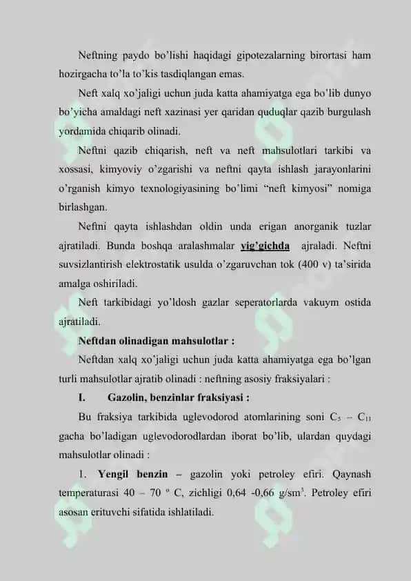 Uglevodorodlarning tabiiy manbalari: neft, tabiiy neft gazlari va yo’ldosh gazlar, toshko’mir, neftni haydash, neft mahsulotlari 4