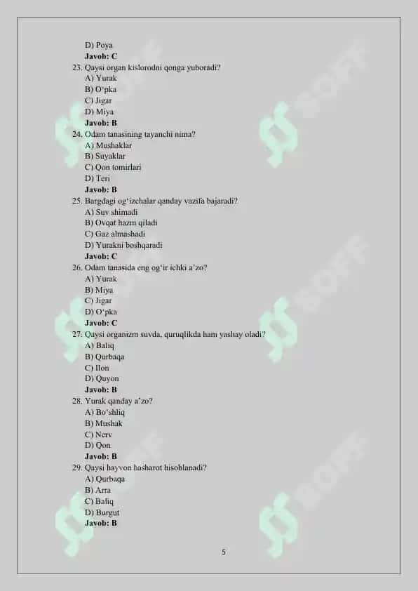 5-sinf biologiya darsligi test savollari 5