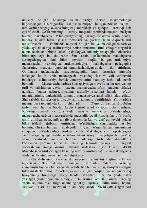 Maktabgacha ta’lim yoshidagi eshitishida nuqsoni bo’lgan bolalar ta’lim-tarbiya berish 4