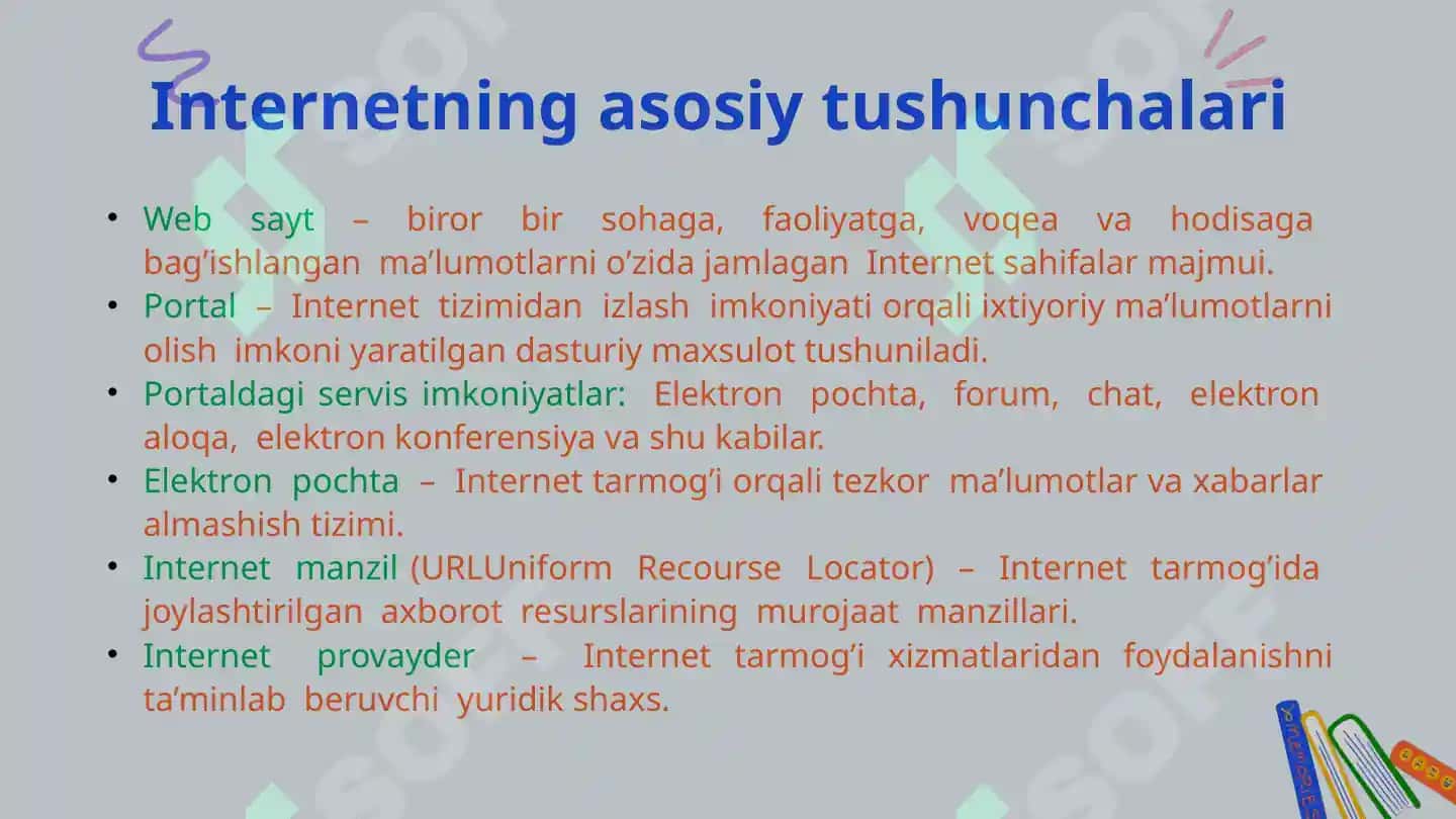 “Asboblar va anjomlar” ta’limiy-didaktik o’yini Internet tarmog’i hahida tushuncha. Internet tizimida ishlash. 8