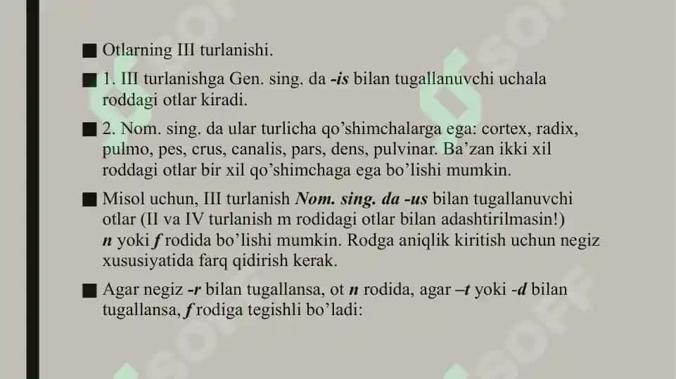 III turlanishdagi otlar. Genus masculinum. Genus femininum. Genus neutrum 2