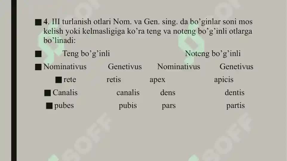 III turlanishdagi otlar. Genus masculinum. Genus femininum. Genus neutrum 4