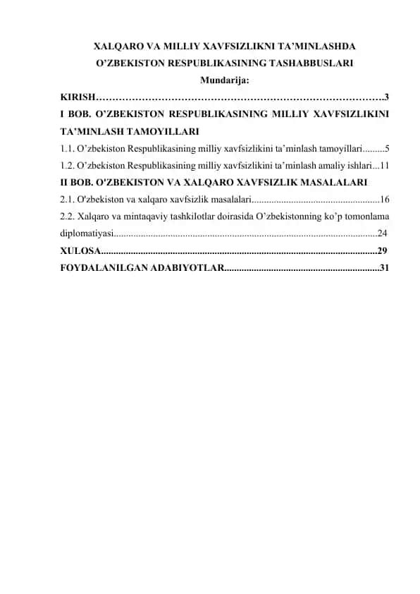 XALQARO VA MILLIY XAVFSIZLIKNI TA’MINLASHDA O’ZBEKISTON RESPUBLIKASINING TASHABBUSLARI