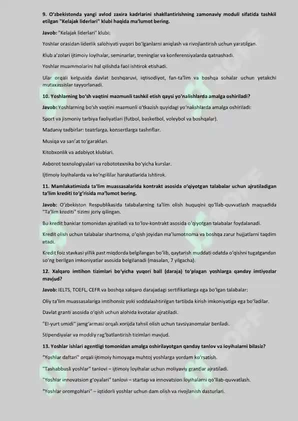Yoshlar yetakchiligiga suhbat savollari. Javoblari bilan birgalikda 3