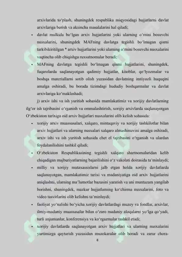 O'zbekiston Respublikasining arxiv sohasida xalqaro hamkorligi 8