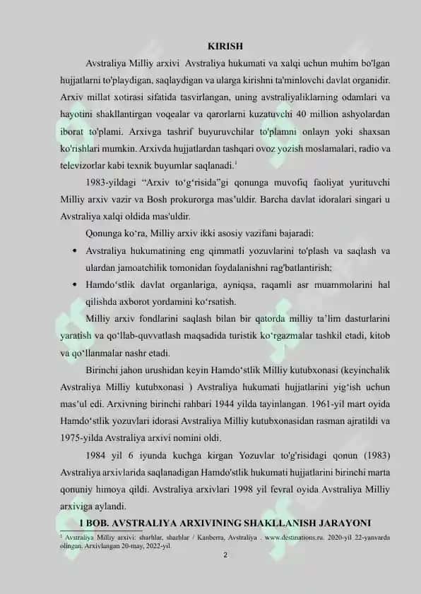 AVSTRALIYA ARXIV ISHI TARIXI 2