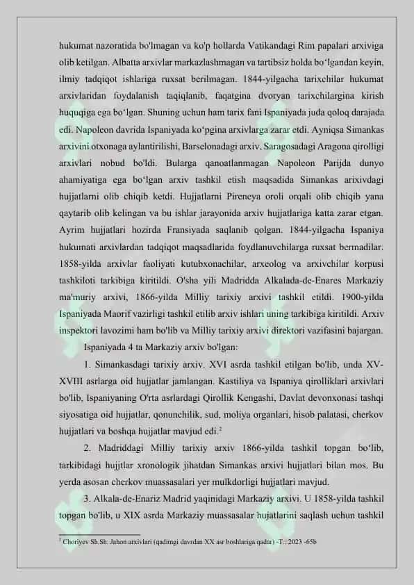 XX-ASR XORIJIY MAMLAKATLAR ARXIVSHUNOSLIGI ISPANIYA VA SHVETSIYADA ARXIV ISHI 5