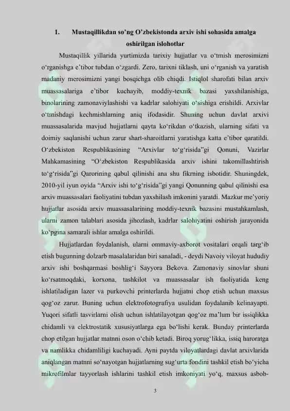 Mustaqillik yillarida arxiv sohasida amalga oshirilgan islohotlar (1991-2024 ) yy 3