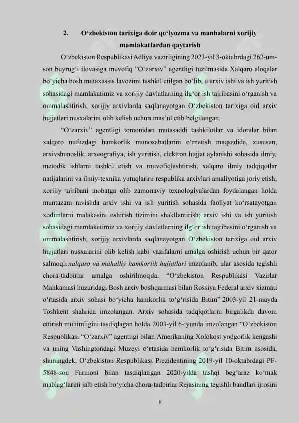 O‘zbekiston tarixiga doir qo‘lyozma va manbalarni qaytarish va ulardan nusxa olish ishlari 8