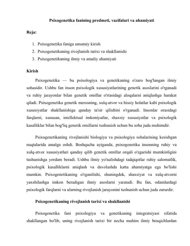 Psixogenetika fanining predmeti, vazifalari va ahamiyati