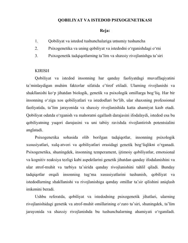 QOBILIYAT VA ISTEDOD PSIXOGENETIKASI