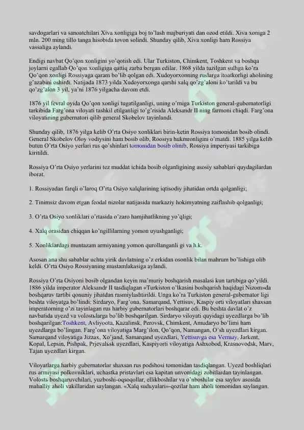 O'rta Osiyoga chor rossiyasining bostirib kelishi va uning oqibatlari 3