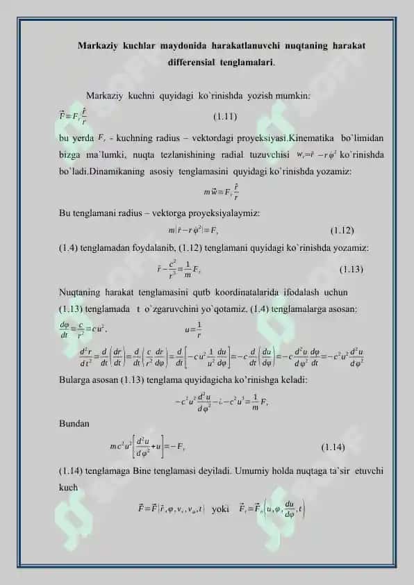 Markaziy  kuchlar  maydonida  harakatlanuvchi  nuqtaning  harakat differensial  tenglamalari 2