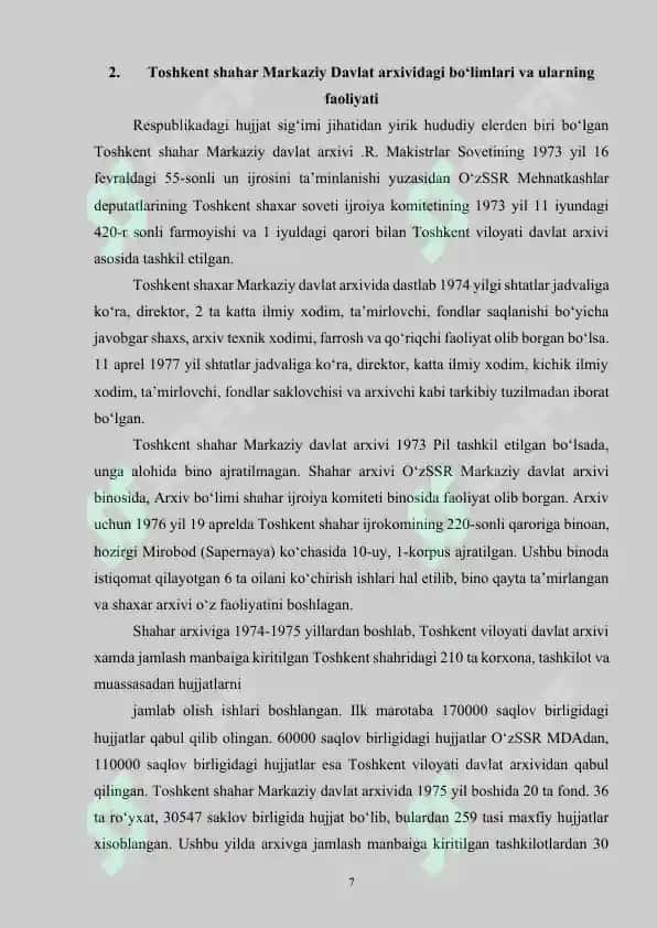 Toshkent shahar Markaziy Davlat arxivini tashkil etilishi va undagi hujjatlar 7
