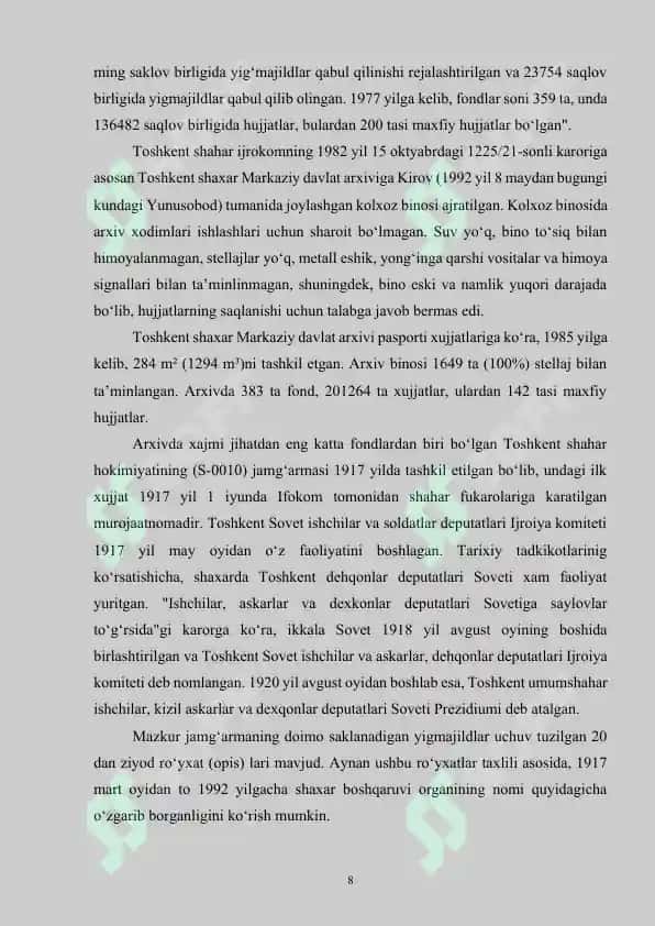 Toshkent shahar Markaziy Davlat arxivini tashkil etilishi va undagi hujjatlar 8