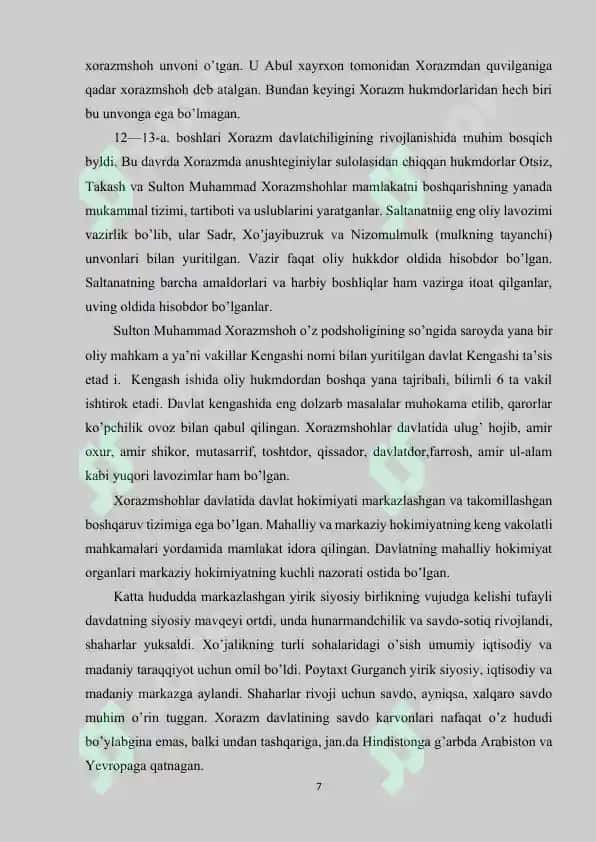 XORAZMSHOHLAR DAVLATI TARIXI TARIXSHUNOSLIGI 7