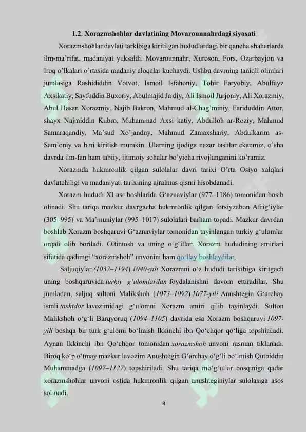 XORAZMSHOHLAR DAVLATI TARIXI TARIXSHUNOSLIGI 8