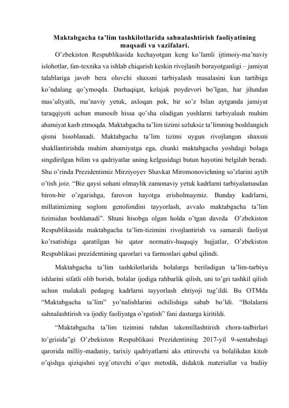 Maktabgacha ta’lim tashkilotlarida sahnalashtirish faoliyatining maqsadi va vazifalari
