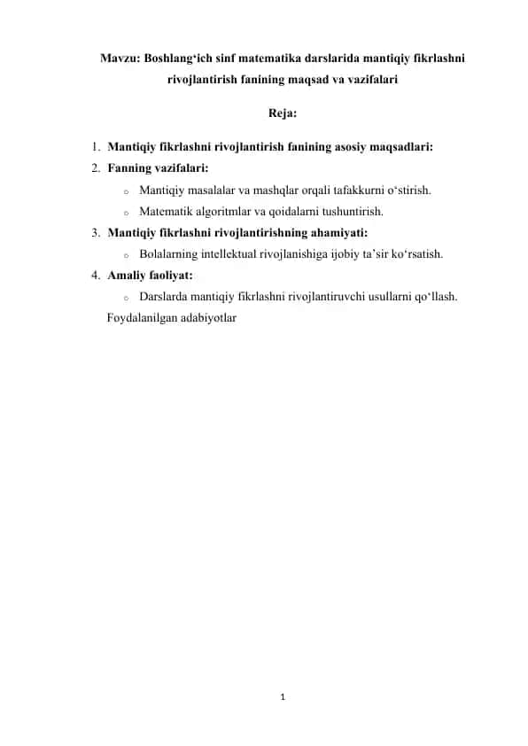 Boshlang‘ich sinf matematika darslarida mantiqiy fikrlashni rivojlantirish fanining maqsad va vazifalari