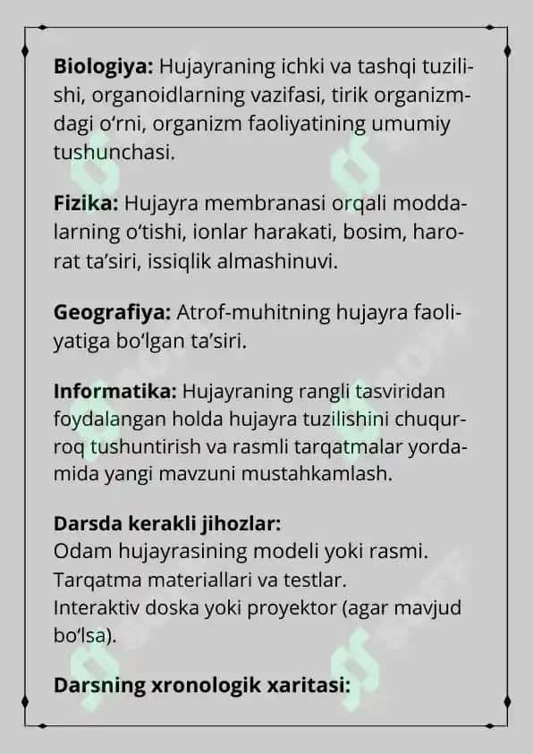 Odam va uning salomatligi fani / Odam organizmining hujayraviy tuzilishi mavzusida / 1 soatlik dars ishlanma 4