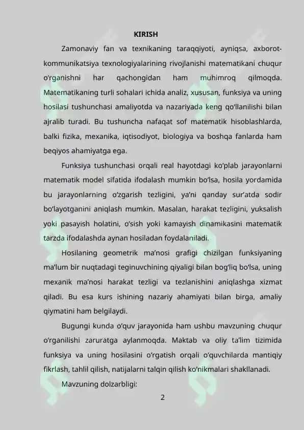 Funksiyaning hosilasi: uning geometrik va mexanik ma’nosi 2